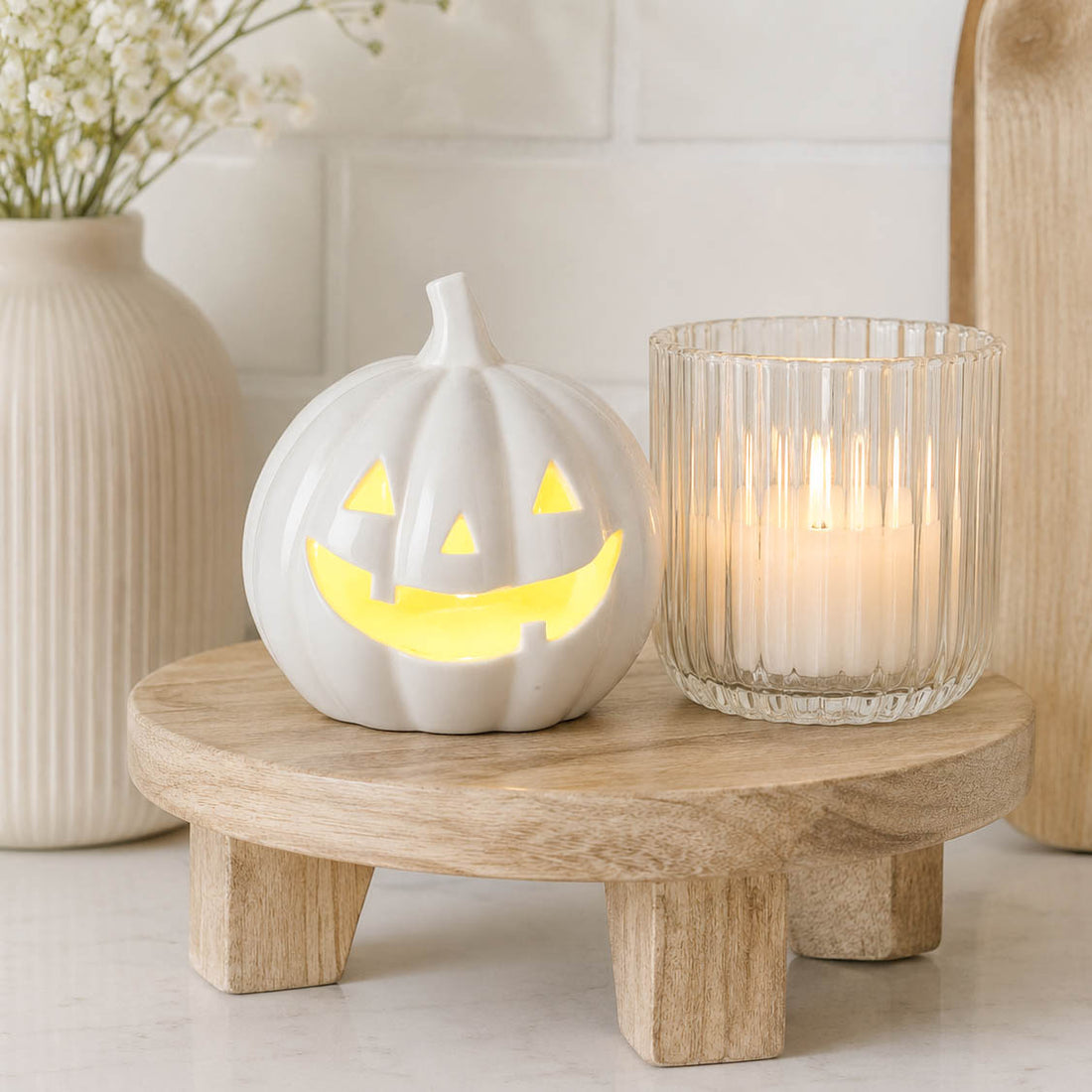 Small White Light Up Porcelain Pumpkin