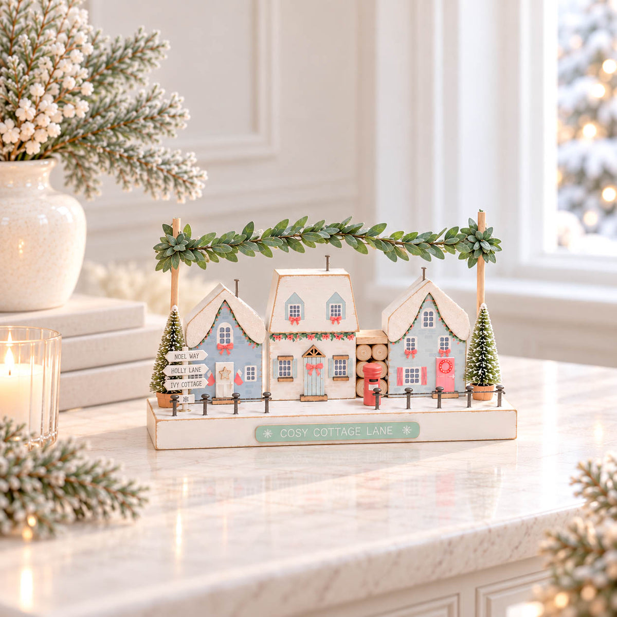 Cosy Cottage Lane Festive Street Scene Wooden Block