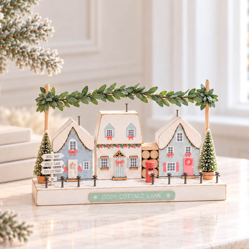 Cosy Cottage Lane Festive Street Scene Wooden Block