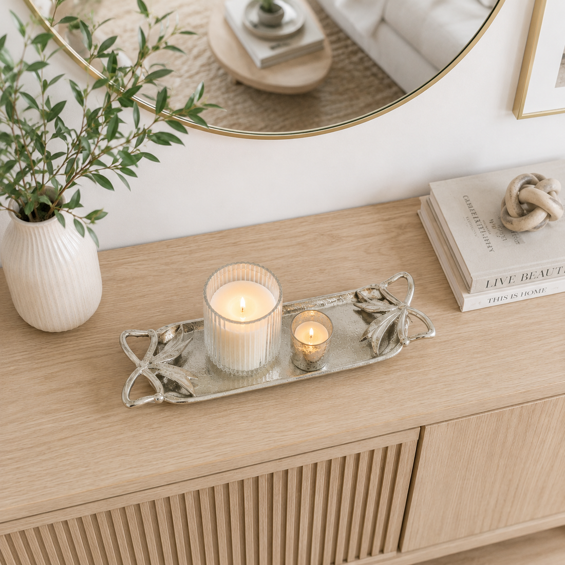Silver Aluminium Candle Tray with Bow Detail