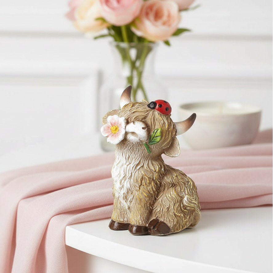Sitting Highland Cow with Flower