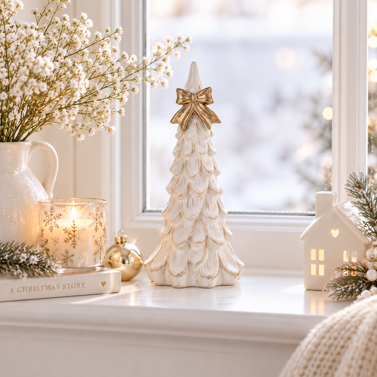 White Ceramic Tree with Gold Bow