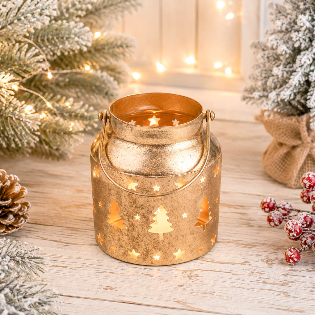 Christmas Trees Antique Gold Metal Lantern