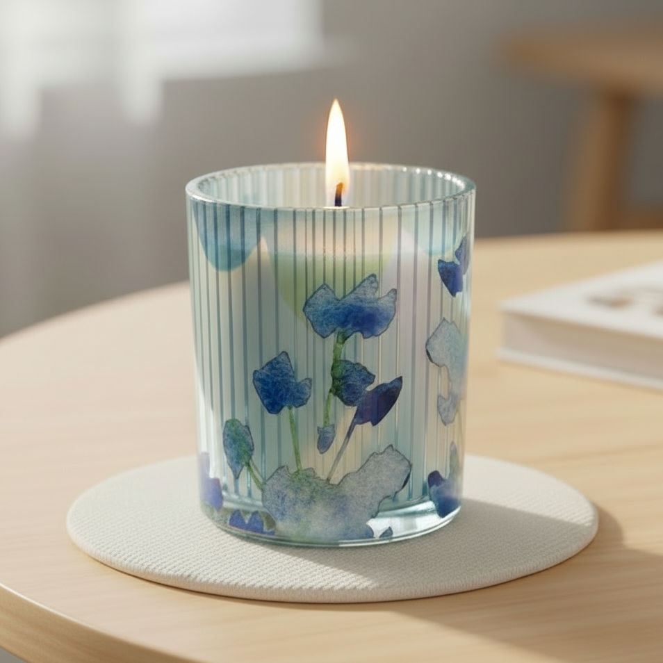 Bluebell &amp; Hydrangea Ridged Glass Candle