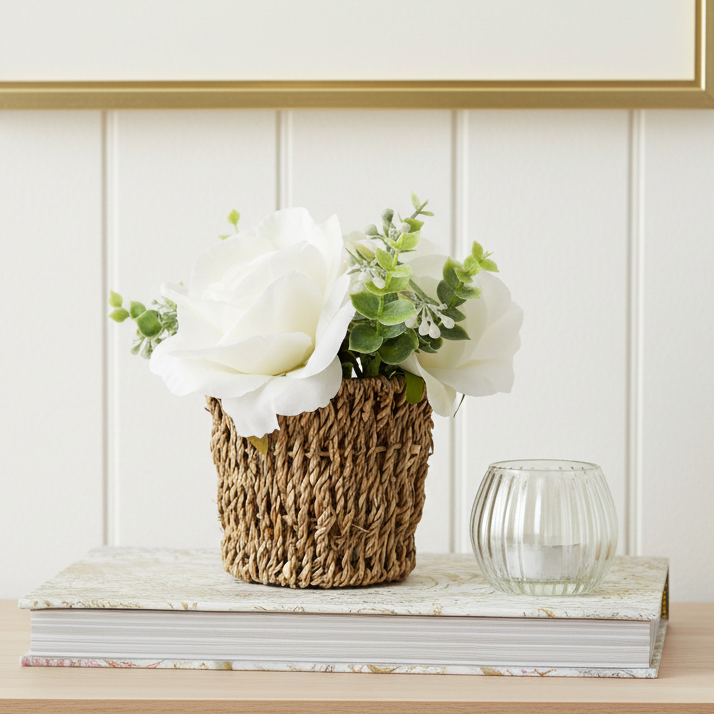 White Roses in Seagrass Basket