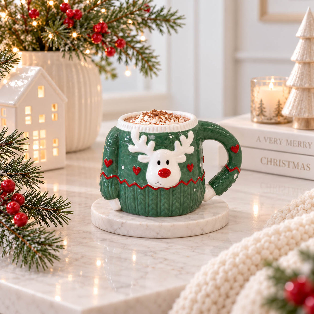 Green Christmas Reindeer Sweater Mug