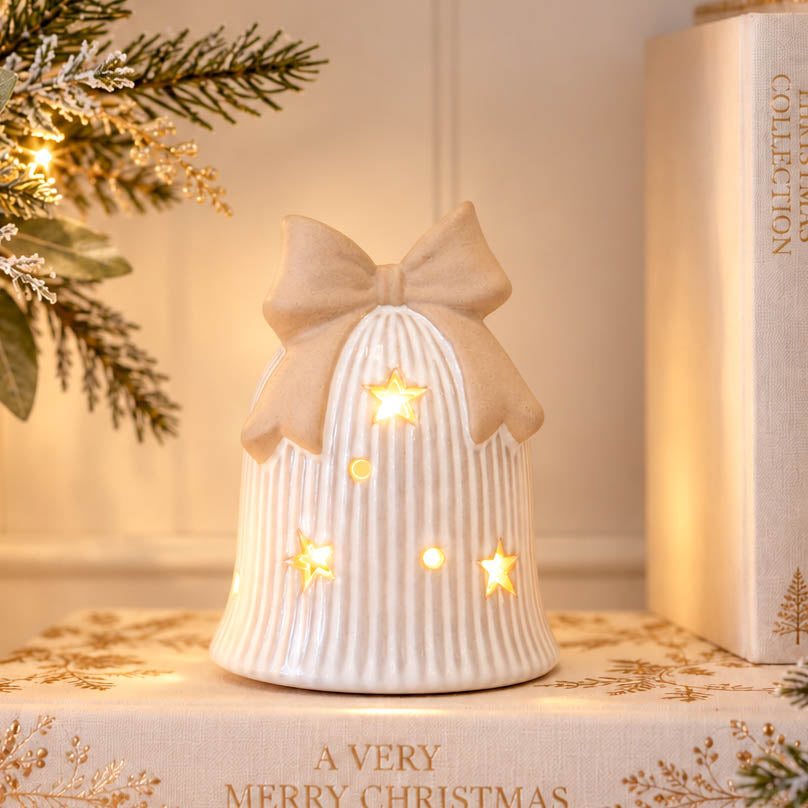 Natural Striped LED Christmas Bell with Bow