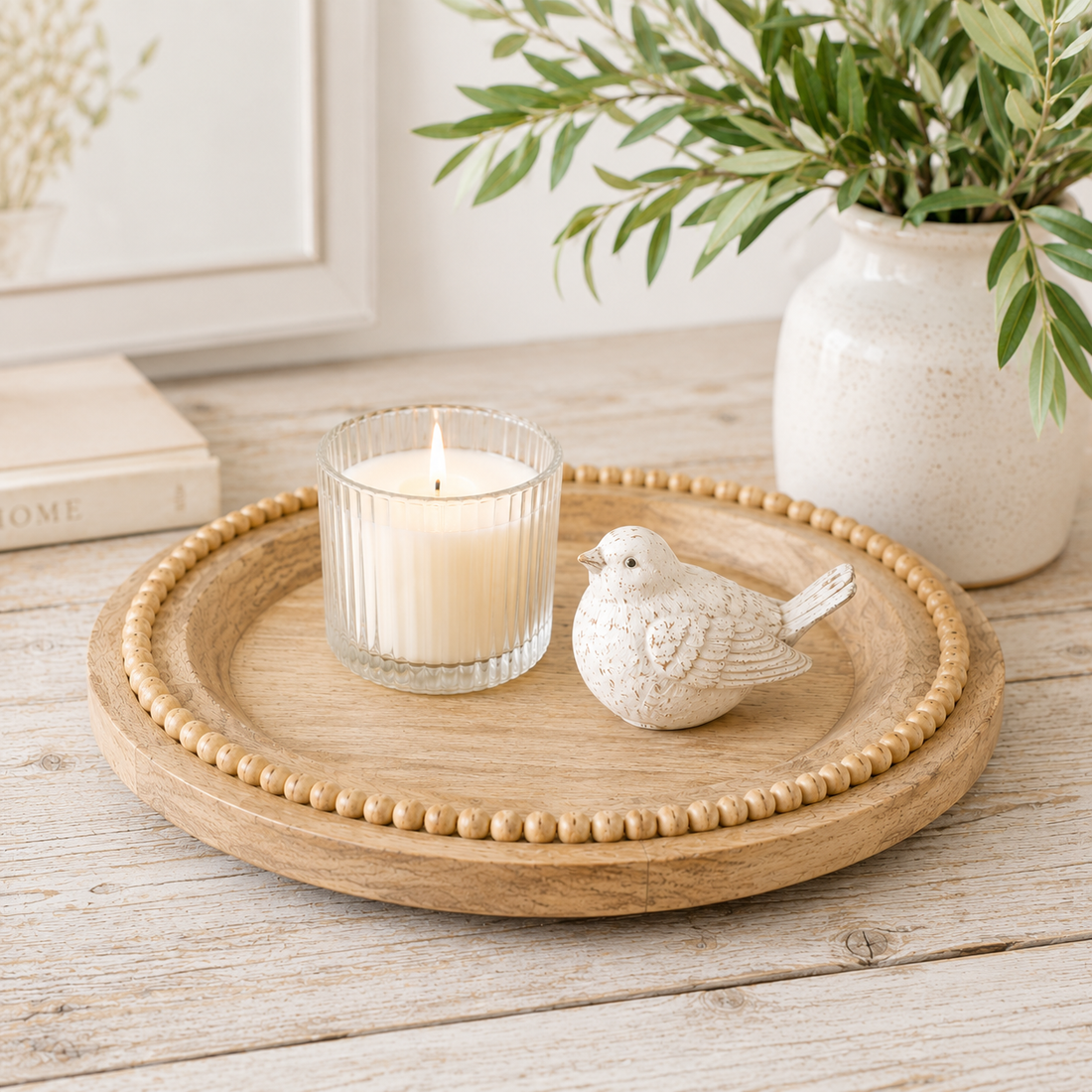Round Mango Wood Beaded Styling Tray 30cm