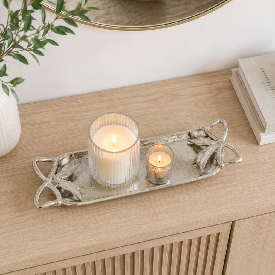 Silver Aluminium Candle Tray with Bow Detail