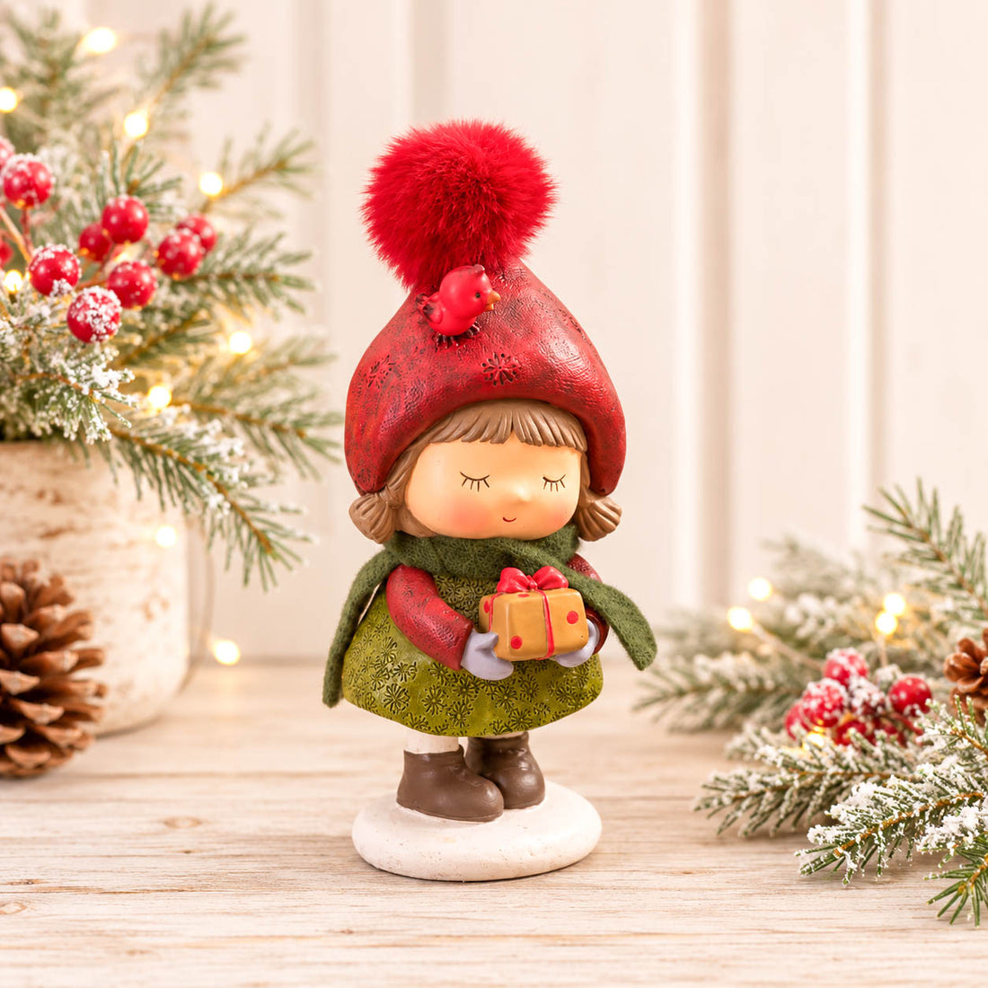 Winter Woodland Girl Figure in Pom Pom Hat