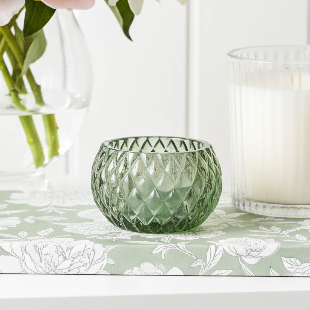 Vintage Green Diamond Cut Glass Tealight Holder