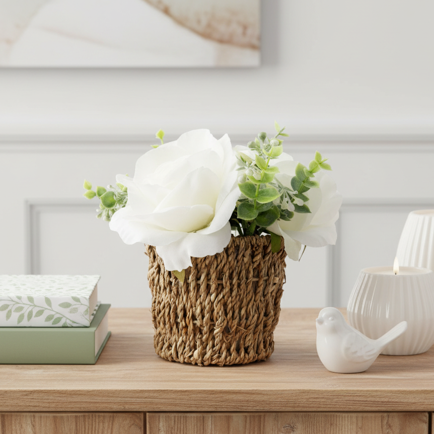 White Roses in Seagrass Basket