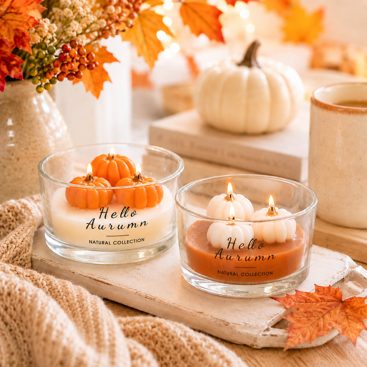 BACK AUG Hello Autumn Pumpkin Shaped Candle Set of 2