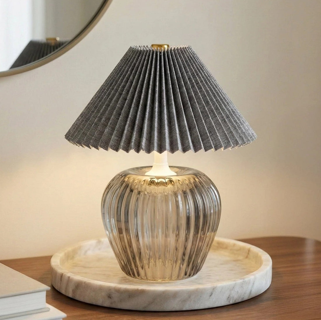 Smokey Grey Glass LED Table Lamp with Pleated Shade