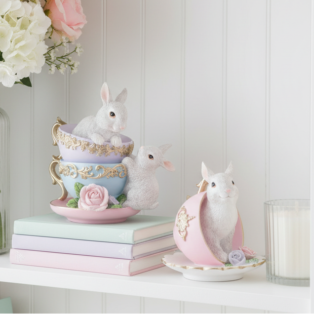 Stacked Teacups &amp; Rabbits Figurine