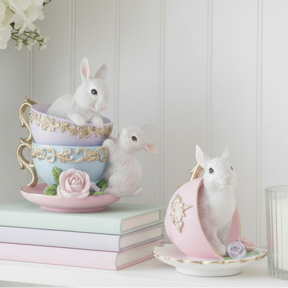 Stacked Teacups &amp; Rabbits Figurine